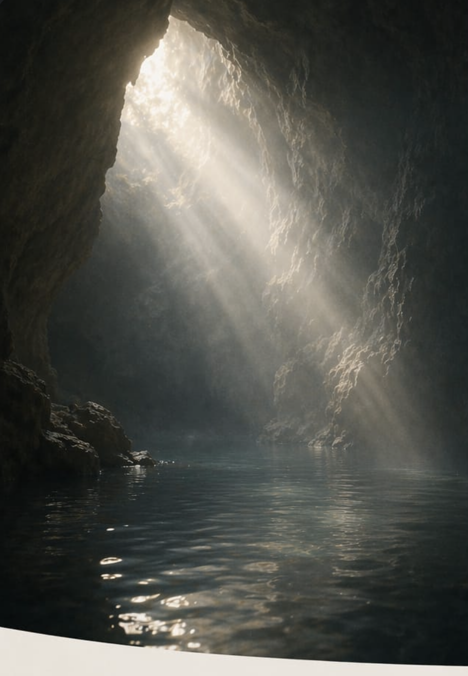 A single shaft of light entering a cave above still water