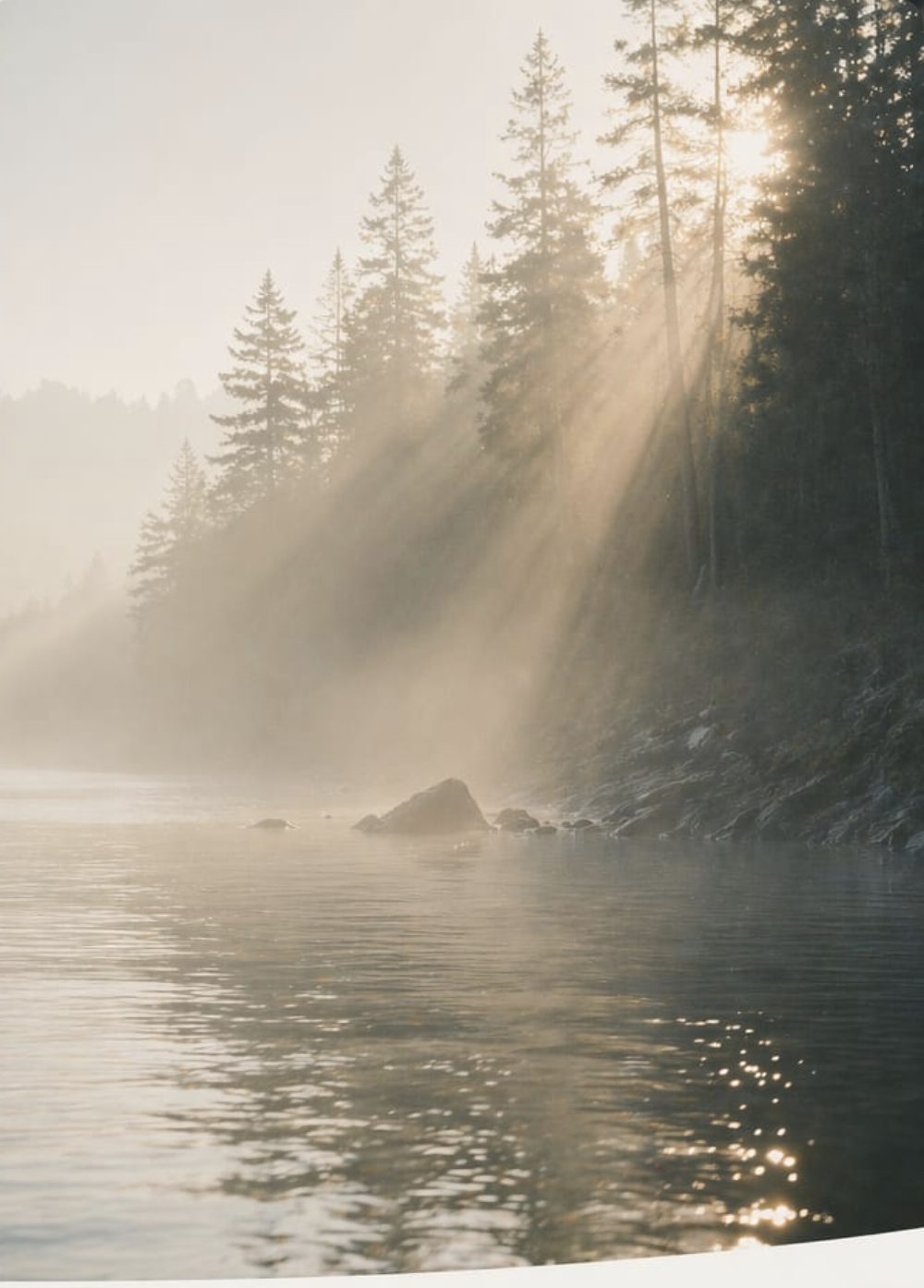 Soft mist and quiet light among pines above still water