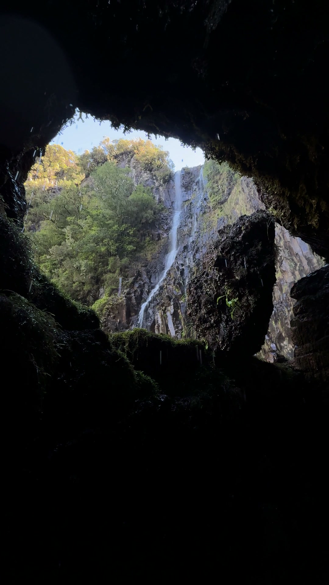 The mouth of a dark cave opening onto a distant waterfall and green light